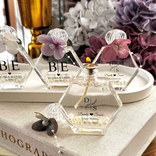 Antrasit Organizasyon Islak Ortancalı İncili Kandil 50 CC Altıgen Cam Şişe Nikah Nişan Söz Bebek Şekeri Hediyelik