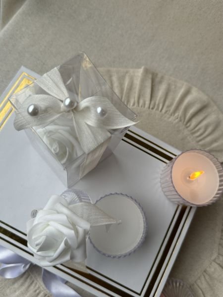 Beyaz Gül Detaylı Mika Model Mum Nikah Nişan Söz Bebek Şekeri Hediyelik Antrasit Organizasyon