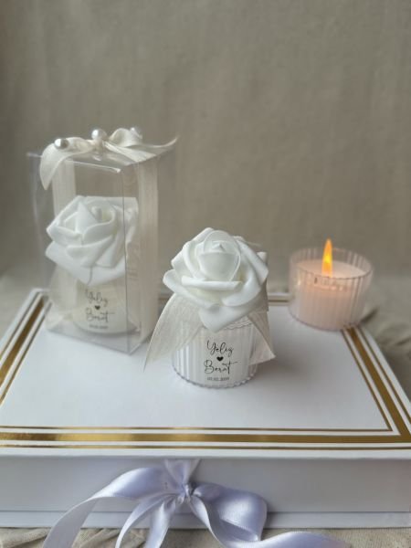 Beyaz Gül Detaylı Mika Model Mum Nikah Nişan Söz Bebek Şekeri Hediyelik Antrasit Organizasyon