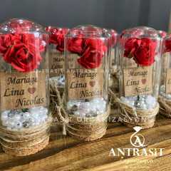 İncili Kırmızı Gül Cam Fanus Nikah Nişan Söz Şekeri Hediyelik