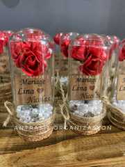İncili Kırmızı Gül Cam Fanus Nikah Nişan Söz Şekeri Hediyelik