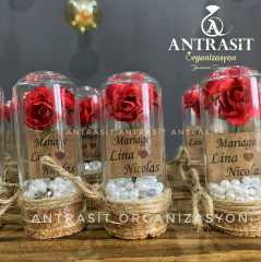 İncili Kırmızı Gül Cam Fanus Nikah Nişan Söz Şekeri Hediyelik