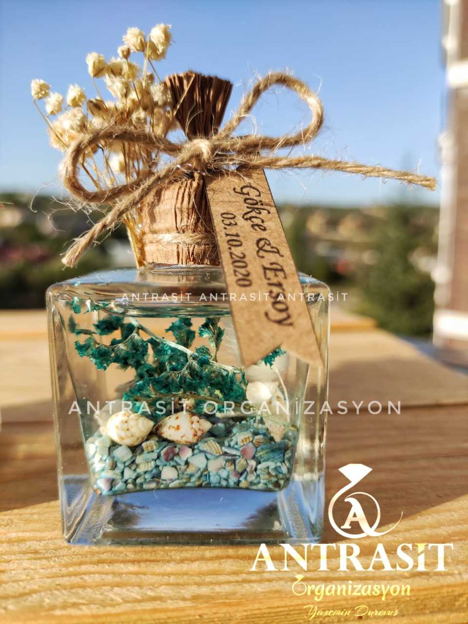 Turkuaz Yakılabilir Hediyelik Kare Kandil Nikah Nişan Söz Şekeri