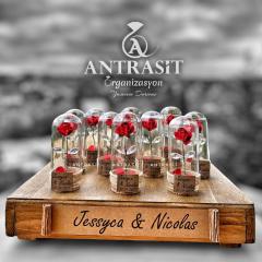 ÖZEL TASARIM ÜRÜNÜ Kristal Yapraklı Kırmızı Gül Cam Fanus Nikah Nişan Söz Hediyelik