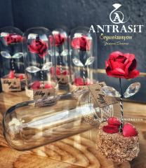 ÖZEL TASARIM ÜRÜNÜ Kristal Yapraklı Kırmızı Gül Cam Fanus Nikah Nişan Söz Hediyelik