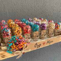 Kuru Çiçekli Mini Cam Fanus 6 Farklı Renk Nikah Nişan Söz Şekeri