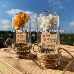 MİNİ CAM FANUS HEDİYELİK SÖZ NİŞAN NİKAH ŞEKERİ - RENKLİ GÜL -