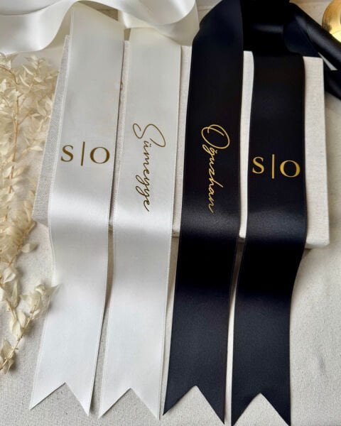 Takı Kurdelesi İsim Baskılı Gelin ve Damat İkili Set KAMPANYA - Özel Varak Baskılı 6 cm genişlik - 2 metre Saten Kurdele