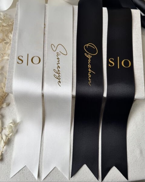 Takı Kurdelesi İsim Baskılı Gelin ve Damat İkili Set KAMPANYA - Özel Varak Baskılı 6 cm genişlik - 2 metre Saten Kurdele