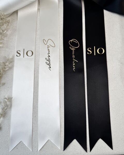 Takı Kurdelesi İsim Baskılı Gelin ve Damat İkili Set KAMPANYA - Özel Varak Baskılı 6 cm genişlik - 2 metre Saten Kurdele