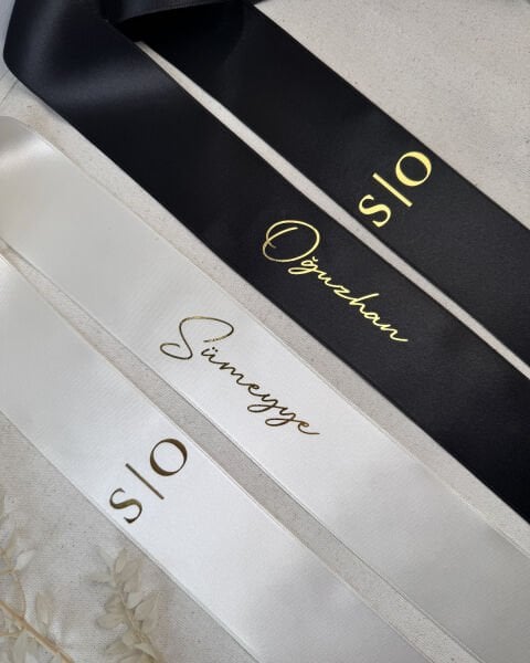 Takı Kurdelesi İsim Baskılı Gelin ve Damat İkili Set KAMPANYA - Özel Varak Baskılı 6 cm genişlik - 2 metre Saten Kurdele