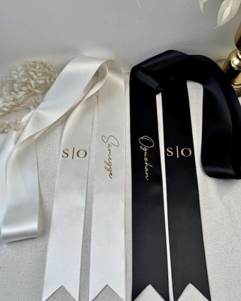 Takı Kurdelesi İsim Baskılı Gelin ve Damat İkili Set KAMPANYA - Özel Varak Baskılı 6 cm genişlik - 2 metre Saten Kurdele