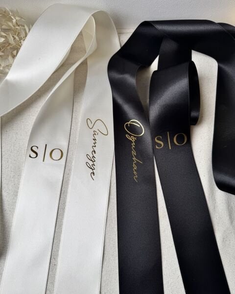 Takı Kurdelesi İsim Baskılı Gelin ve Damat İkili Set KAMPANYA - Özel Varak Baskılı 6 cm genişlik - 2 metre Saten Kurdele