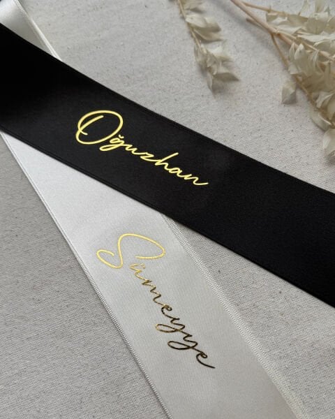 Takı Kurdelesi İsim Baskılı Gelin ve Damat İkili Set KAMPANYA - Özel Varak Baskılı 6 cm genişlik - 2 metre Saten Kurdele