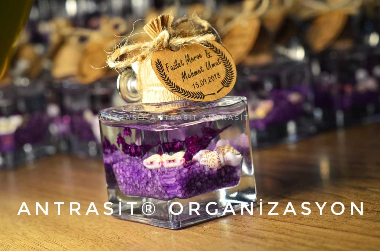 Yakılabilir Kare Şişe Mor Kandil Nikah Nişan Söz Bebek Şekeri Hediyelik