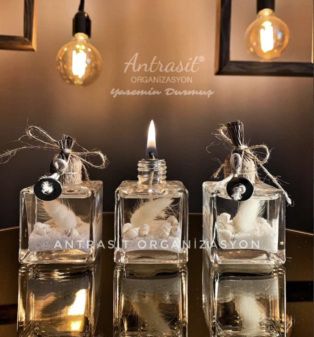 Yakılabilir Beyaz Kare Kandil Şişe Nikah Nişan Söz Bebek Şekeri Hediyelik