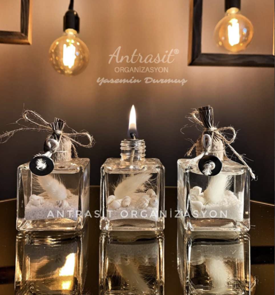 Yakılabilir Beyaz Kare Kandil Şişe Nikah Nişan Söz Bebek Şekeri Hediyelik