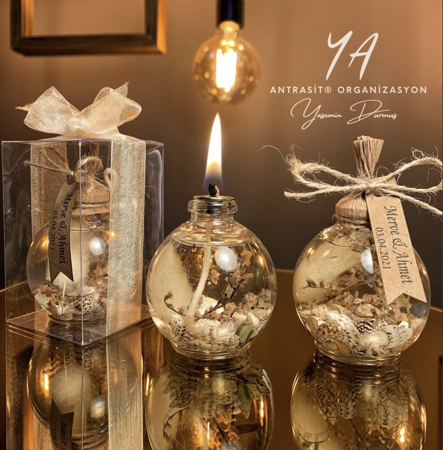 KUTULU Yakılabilir Küre Kandil Nikah Nişan Söz Hediyelik Doğal Tonlar ANTRASİT ORGANİZASYON