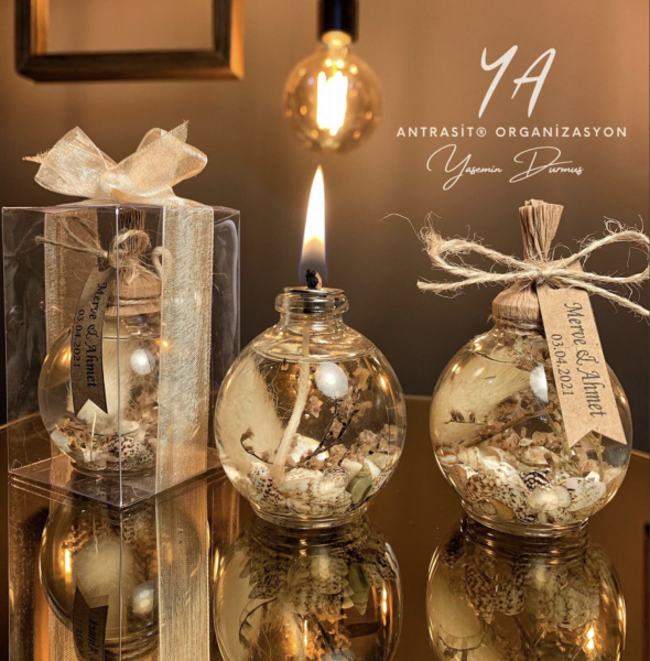 KUTULU Yakılabilir Küre Kandil Nikah Nişan Söz Hediyelik Doğal Tonlar ANTRASİT ORGANİZASYON