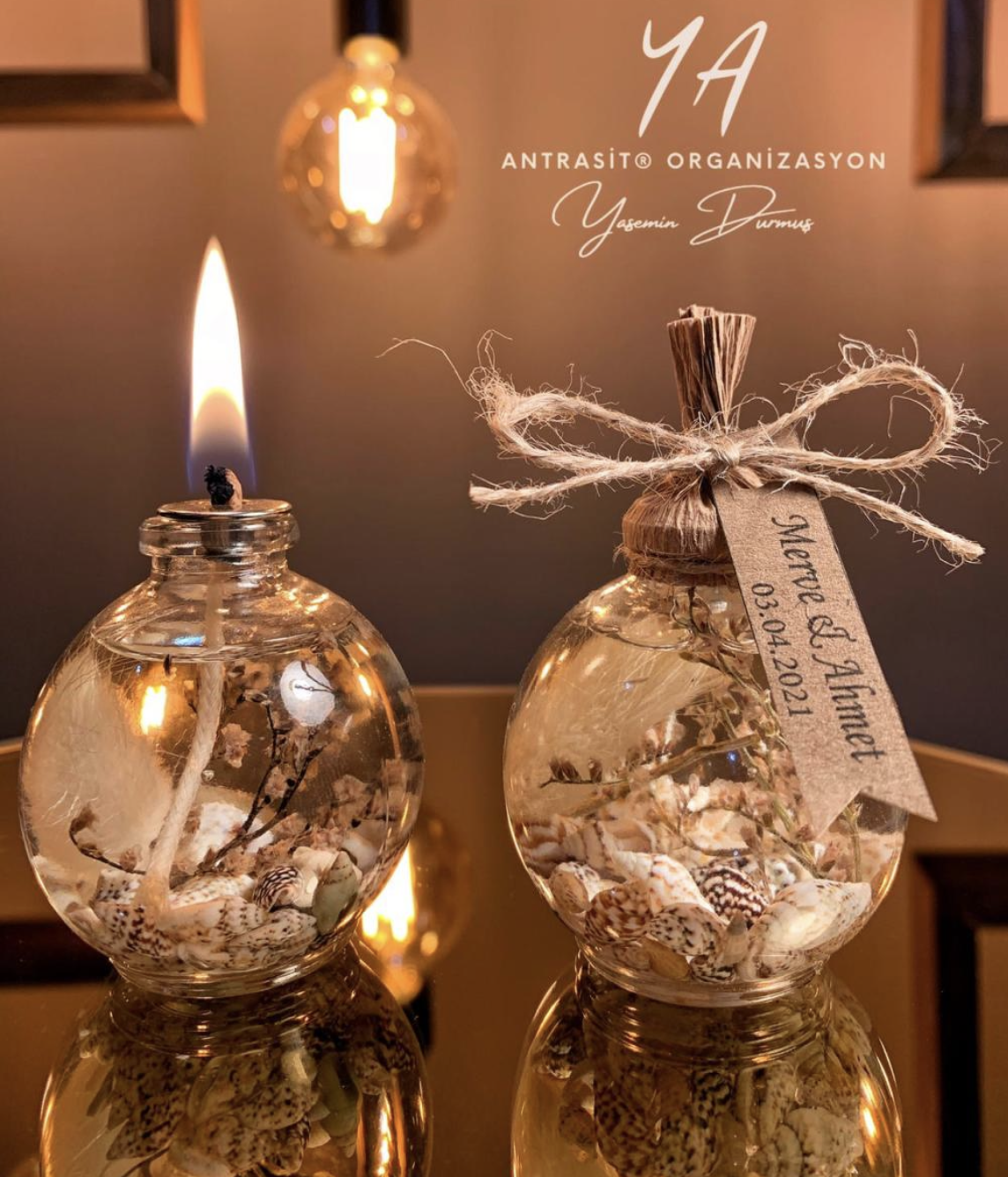 Antrasit Organizasyon Yakılabilir Hediyelik Kandil Nikah Nişan Söz Bebek Şekeri