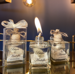 Şeffaf Cam Üzeri Stickerlı Asetat Kutulu Yakılabilir Kar Cam Kandil Nikah Nişan Söz Bebek Hediyelik