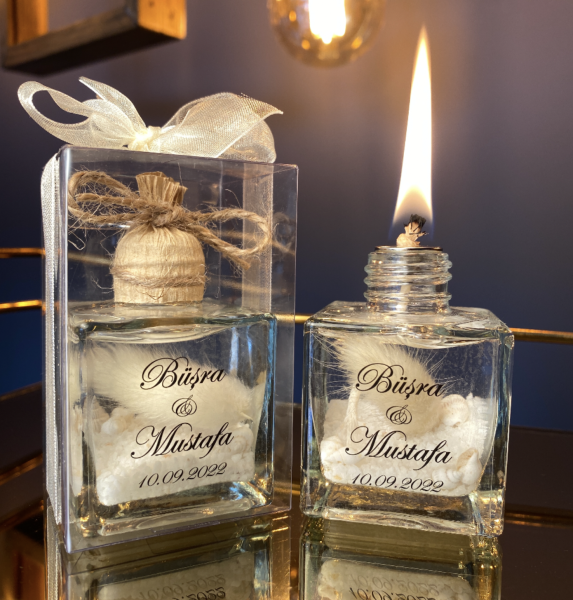 Şeffaf Cam Üzeri Stickerlı Asetat Kutulu Yakılabilir Kar Cam Kandil Nikah Nişan Söz Bebek Hediyelik