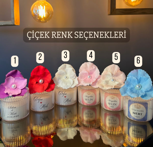 KUTUSUZ Yeni Bebek Hediyesi Çiçekli Mika Model Mum Nikah Nişan Söz Bebek Şekeri Hediyelik Antrasit Organizasyon