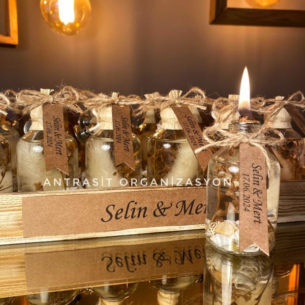 Antrasit Organizasyon Yakılabilir Hediyelik Kandil 50 cc Cam Şişe Nikah Nişan Söz Bebek Şekeri