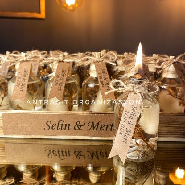 Antrasit Organizasyon Yakılabilir Hediyelik Kandil 50 cc Cam Şişe Nikah Nişan Söz Bebek Şekeri