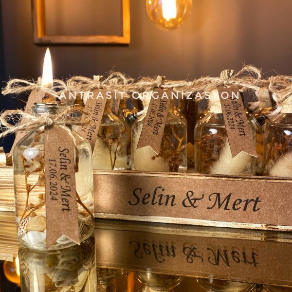 Antrasit Organizasyon Yakılabilir Hediyelik Kandil 50 cc Cam Şişe Nikah Nişan Söz Bebek Şekeri
