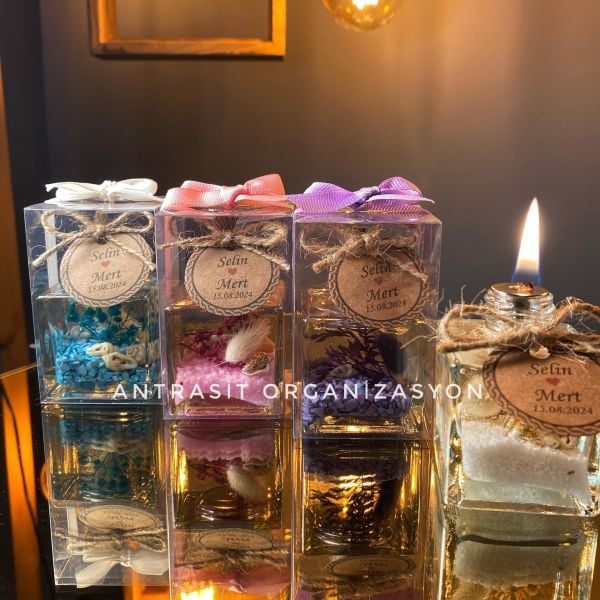 Yakılabilir Kutulu Kare Kandil Nikah Nişan Söz Bebek Şekeri Hediyelik