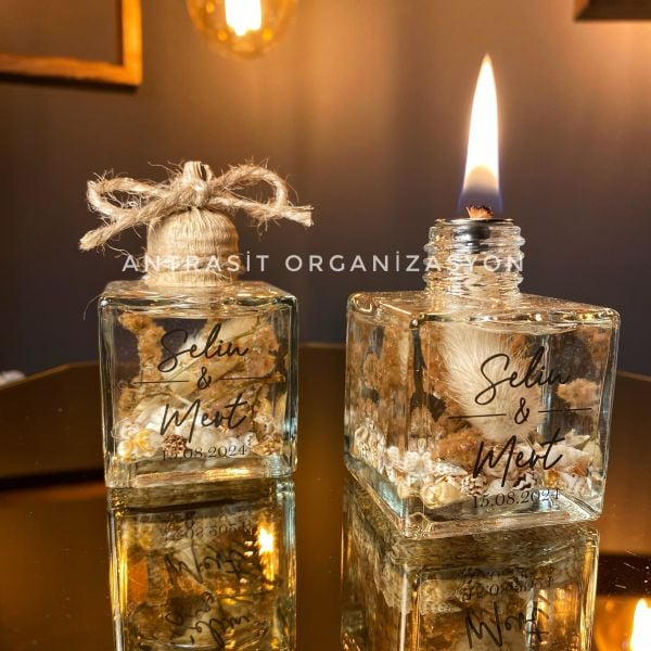 KUTULU Yakılabilir Kare Kandil Nikah Nişan Söz Hediyelik Doğal Tonlar ANTRASİT ORGANİZASYON