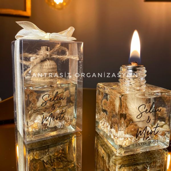 KUTULU Yakılabilir Kare Kandil Nikah Nişan Söz Hediyelik Doğal Tonlar ANTRASİT ORGANİZASYON
