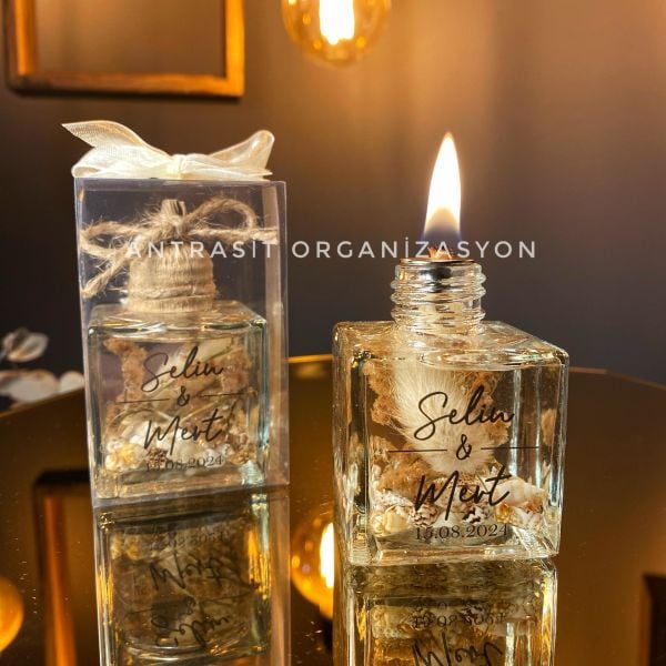 KUTULU Yakılabilir Kare Kandil Nikah Nişan Söz Hediyelik Doğal Tonlar ANTRASİT ORGANİZASYON
