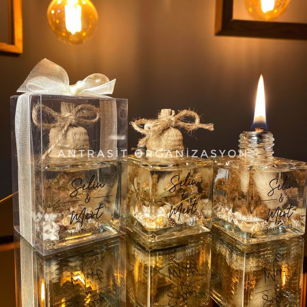 KUTULU Yakılabilir Kare Kandil Nikah Nişan Söz Hediyelik Doğal Tonlar ANTRASİT ORGANİZASYON