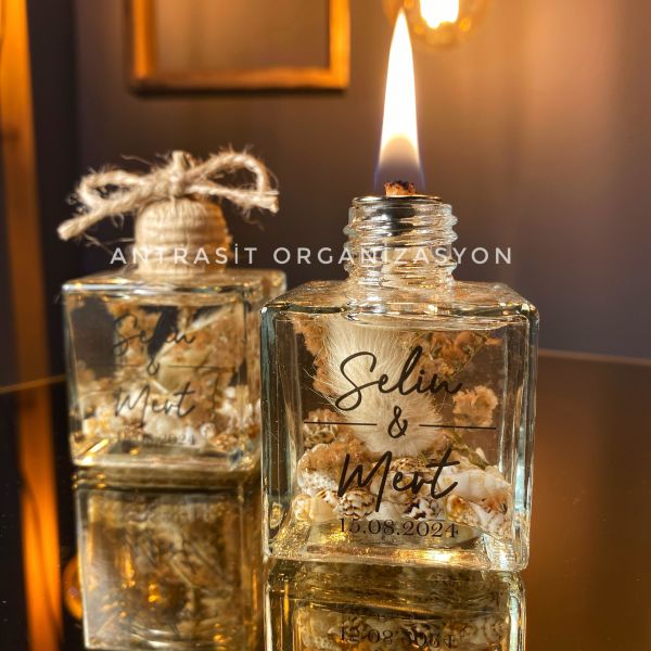 KUTULU Yakılabilir Kare Kandil Nikah Nişan Söz Hediyelik Doğal Tonlar ANTRASİT ORGANİZASYON