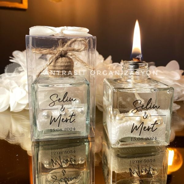 İncili Kare Kandil 50 CC Cam Şişe Nikah Nişan Söz Hediyelik ANTRASİT ORGANİZASYON