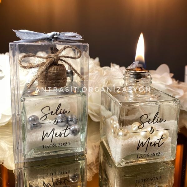 İncili Kare Kandil 50 CC Cam Şişe Nikah Nişan Söz Hediyelik ANTRASİT ORGANİZASYON