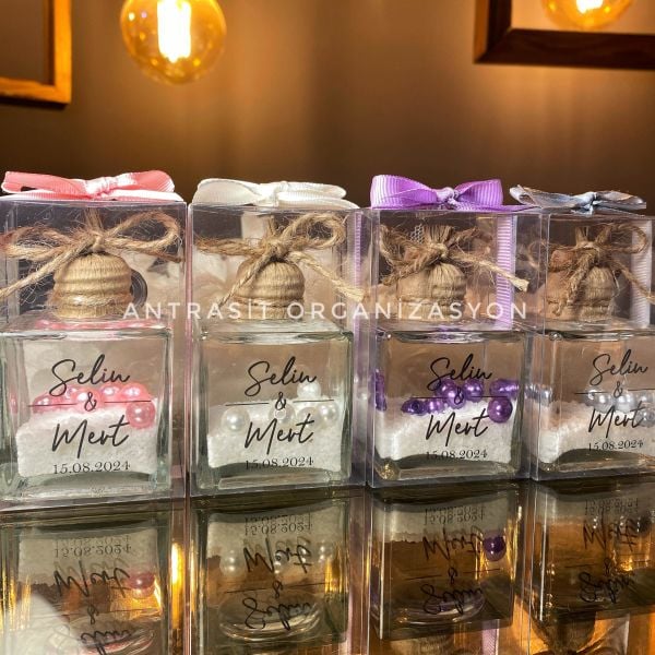 İncili Kare Kandil 50 CC Cam Şişe Nikah Nişan Söz Hediyelik ANTRASİT ORGANİZASYON