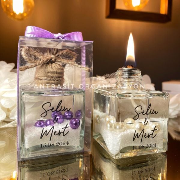 İncili Kare Kandil 50 CC Cam Şişe Nikah Nişan Söz Hediyelik ANTRASİT ORGANİZASYON