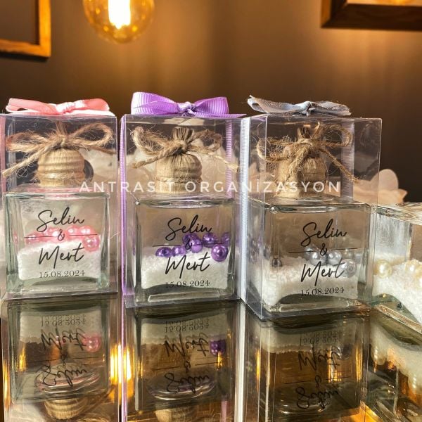 İncili Kare Kandil 50 CC Cam Şişe Nikah Nişan Söz Hediyelik ANTRASİT ORGANİZASYON