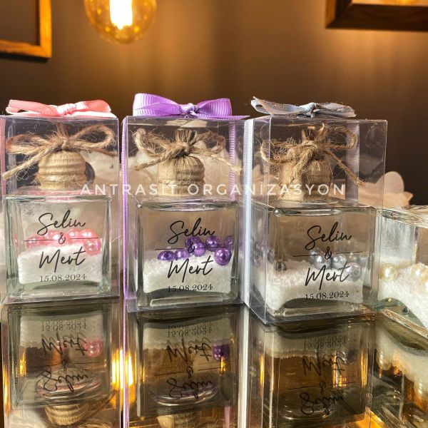 İncili Kare Kandil 50 CC Cam Şişe Nikah Nişan Söz Hediyelik ANTRASİT ORGANİZASYON