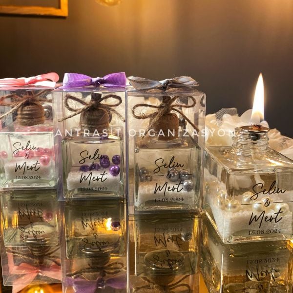 İncili Kare Kandil 50 CC Cam Şişe Nikah Nişan Söz Hediyelik ANTRASİT ORGANİZASYON