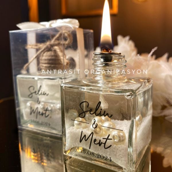 İncili Kare Kandil 50 CC Cam Şişe Nikah Nişan Söz Hediyelik ANTRASİT ORGANİZASYON