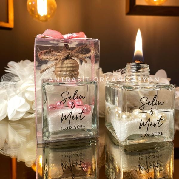 İncili Kare Kandil 50 CC Cam Şişe Nikah Nişan Söz Hediyelik ANTRASİT ORGANİZASYON