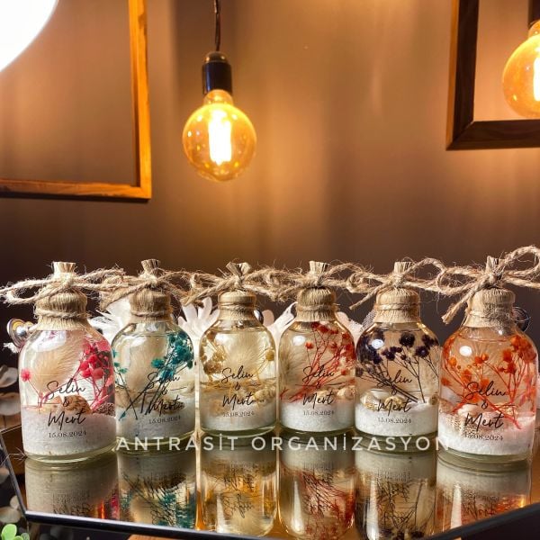 Yakılabilir Kandil Şeffaf Etiketli Cam Şişe Nikah Nişan Söz Bebek Şekeri Hediyelik Sunum Kasası Hediyeli