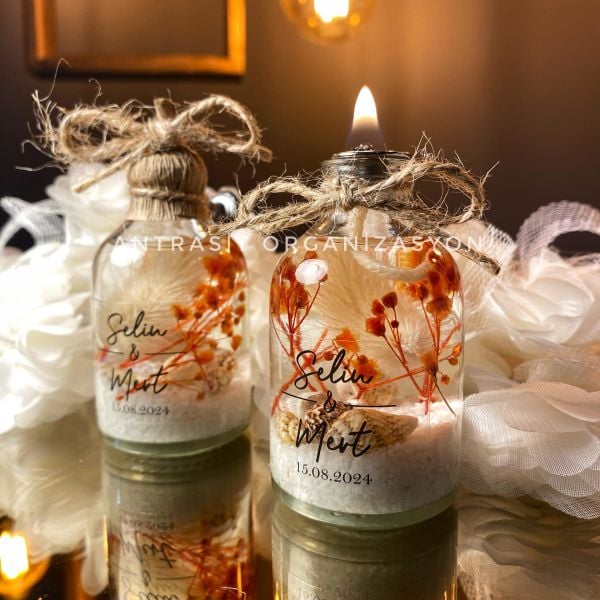 Yakılabilir Kandil Şeffaf Etiketli Cam Şişe Nikah Nişan Söz Bebek Şekeri Hediyelik Sunum Kasası Hediyeli
