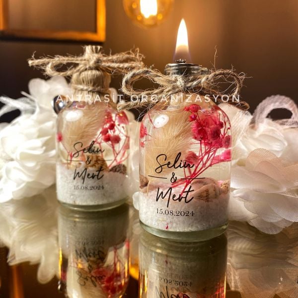 Yakılabilir Kandil Şeffaf Etiketli Cam Şişe Nikah Nişan Söz Bebek Şekeri Hediyelik Sunum Kasası Hediyeli