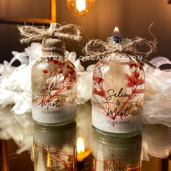 Yakılabilir Kandil Şeffaf Etiketli Cam Şişe Nikah Nişan Söz Bebek Şekeri Hediyelik Sunum Kasası Hediyeli