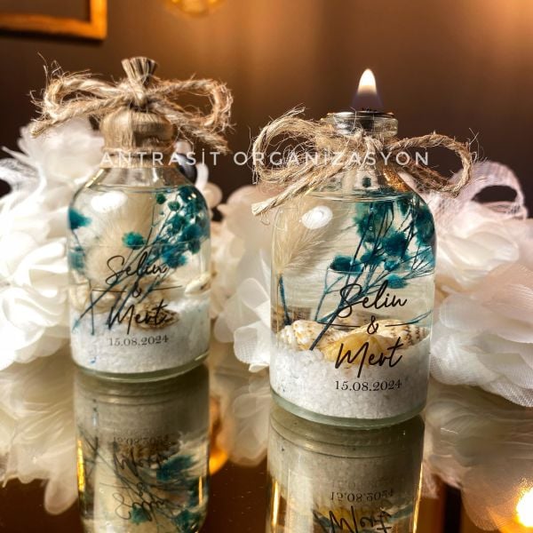 Yakılabilir Kandil Şeffaf Etiketli Cam Şişe Nikah Nişan Söz Bebek Şekeri Hediyelik Sunum Kasası Hediyeli